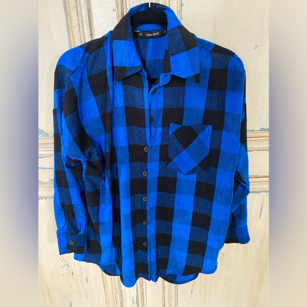 Zara Basic Blue & Black Check Thin Corduroy Shirt… - image 1